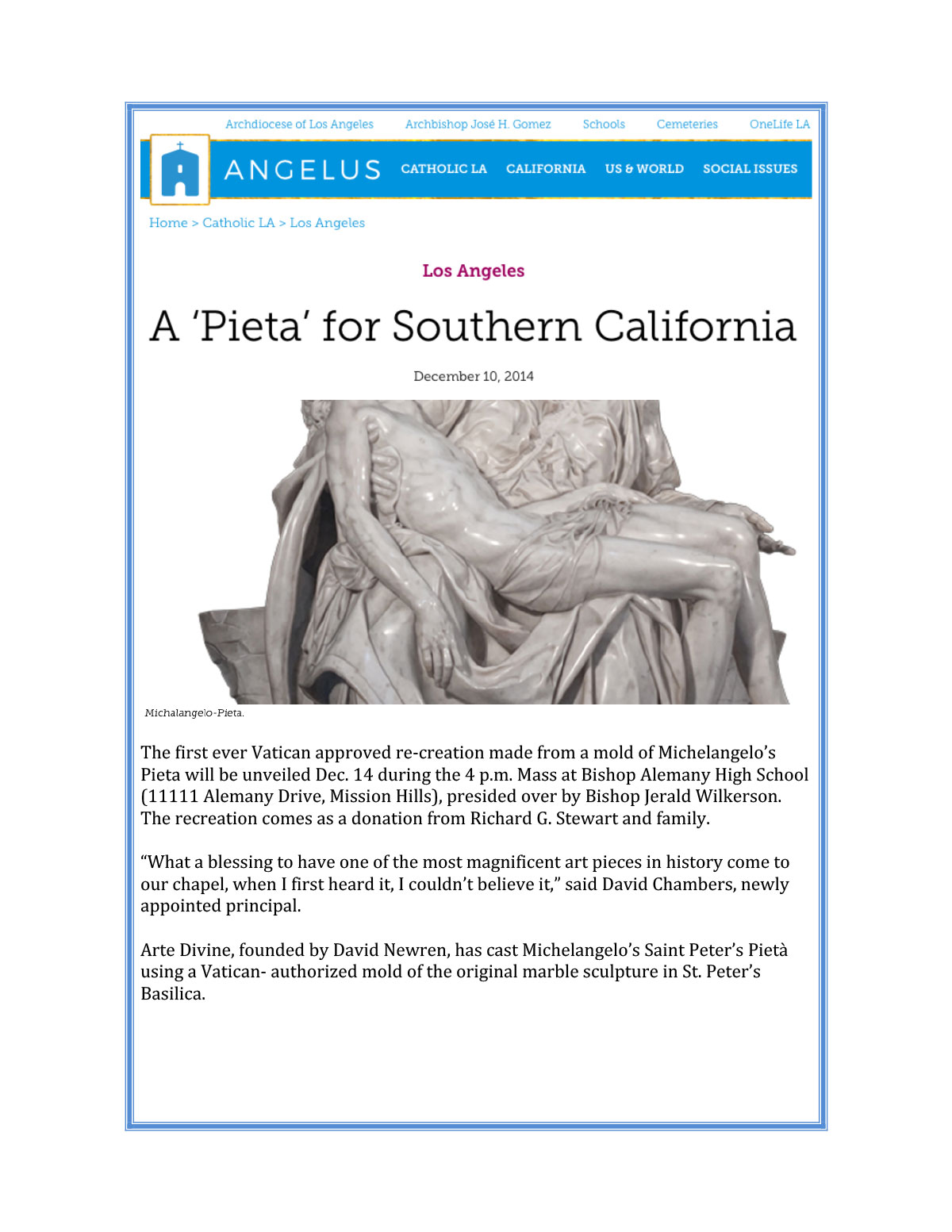 Angelus a Pieta for Southern California Dec 10, 2014