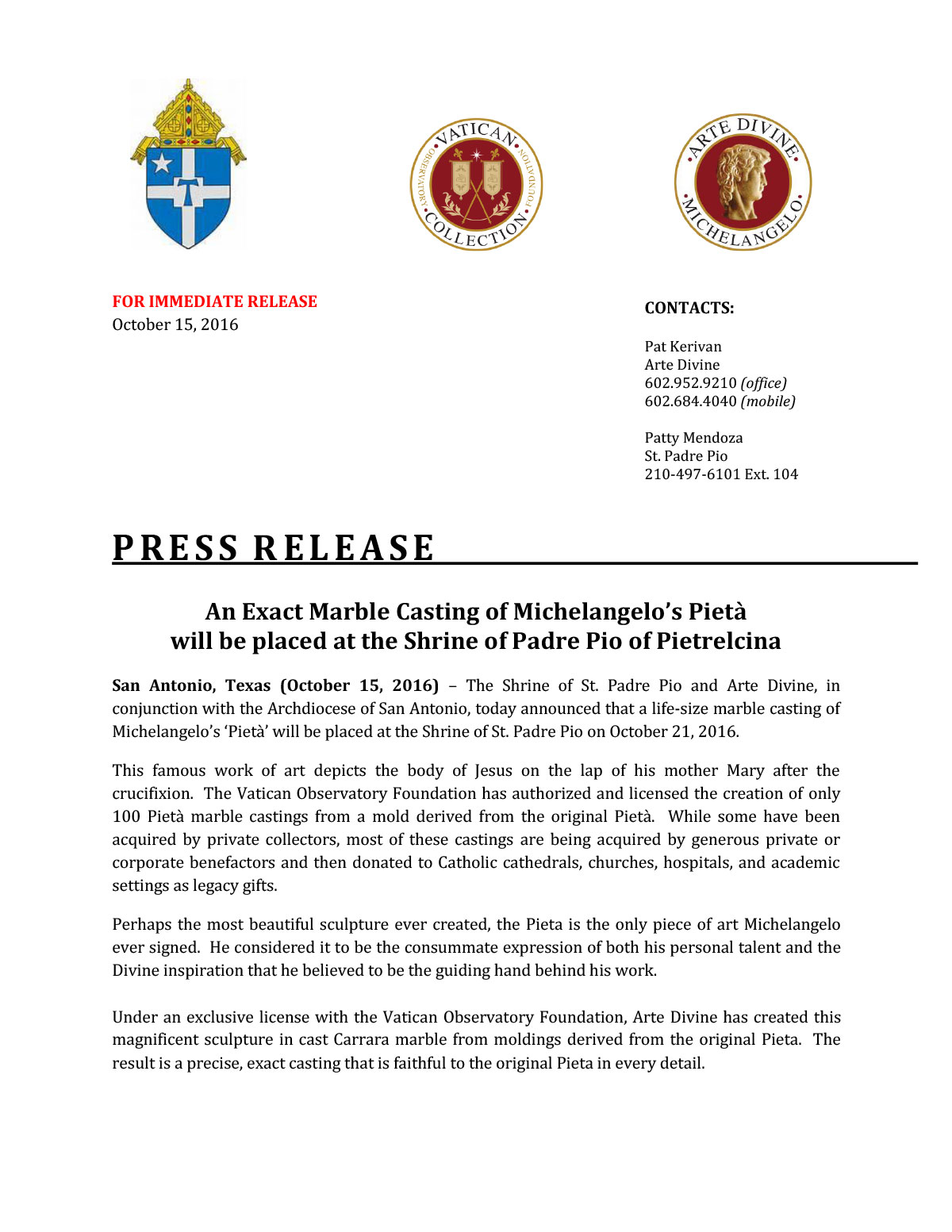 St Padre Pio Press Release-Oct 2016 2