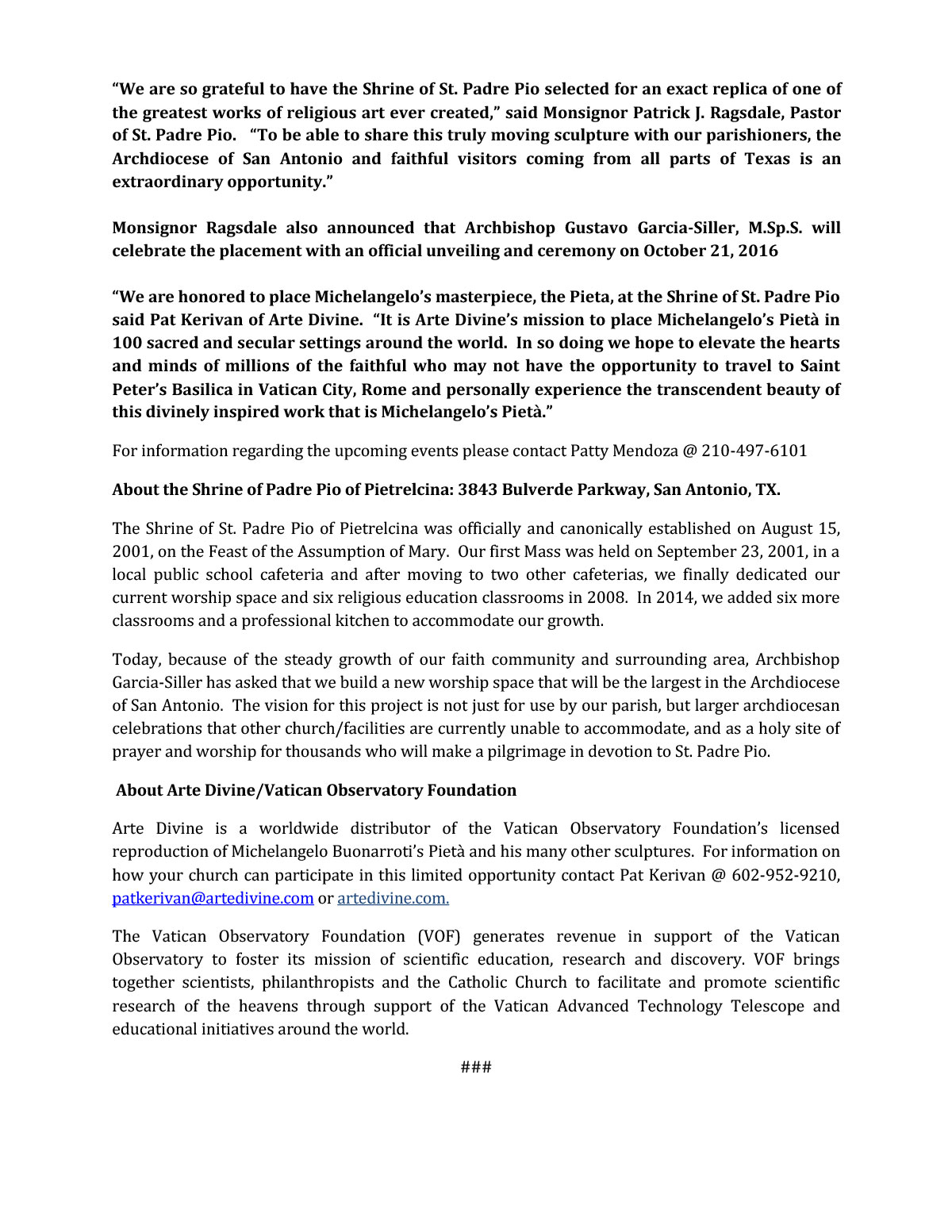 St Padre Pio Press Release-Oct 2016 2