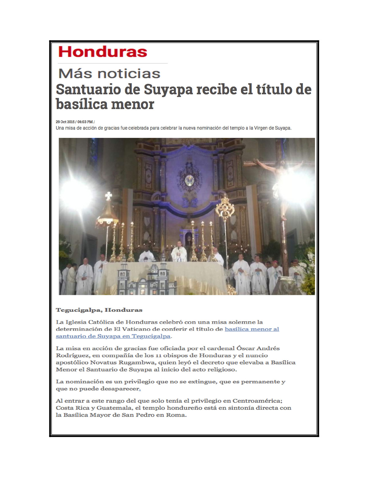 Mas noticias Basilica de Suyapa Honduras Oct 2015