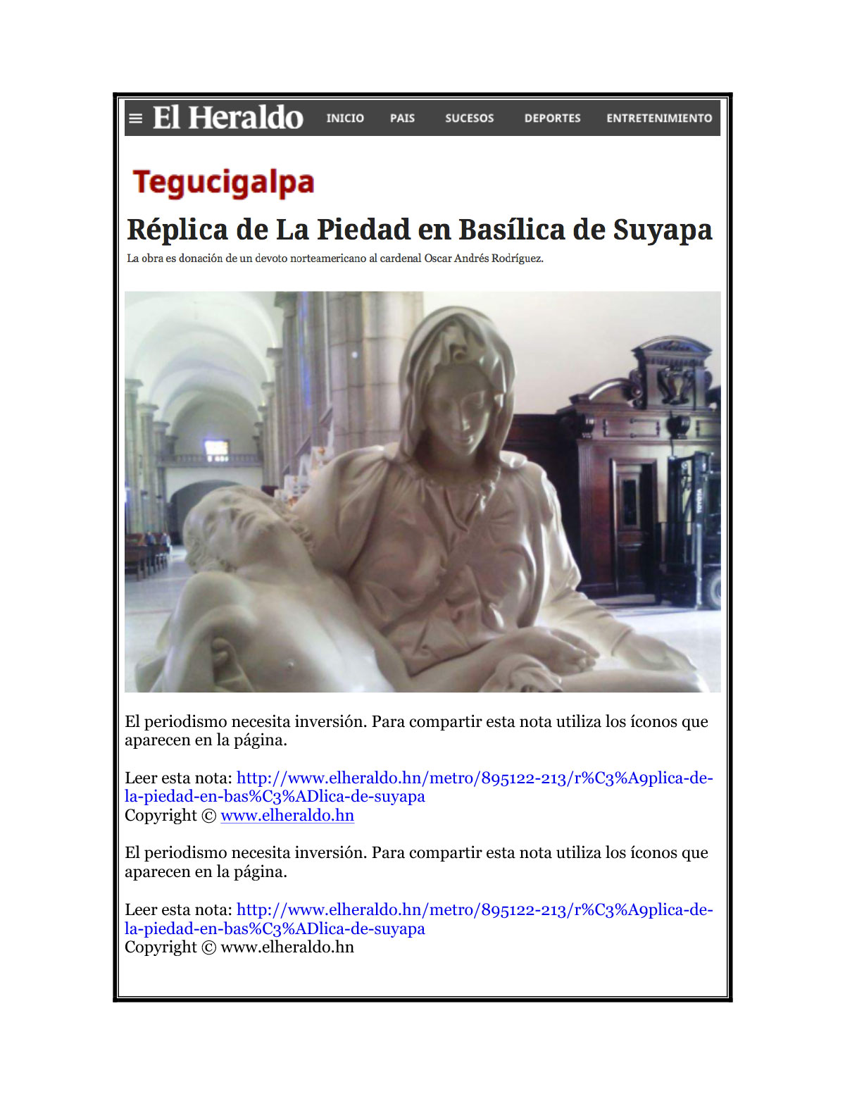EL Heraldo, Basilica de Suyapa Oct 2015